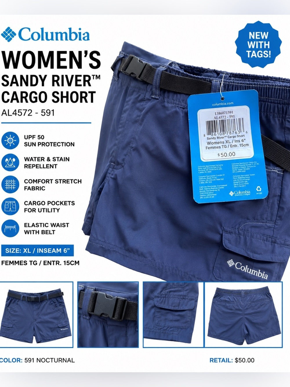 Columbia Women's Sandy River Cargo Short Size XL Blue 6” inseam